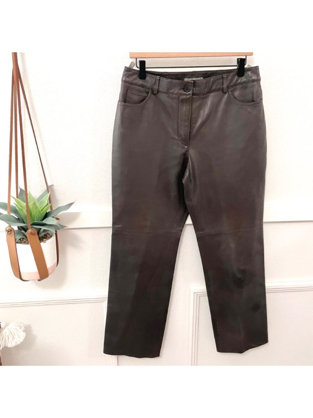 Vintage Jaeger Brown Leather Straight Leg Pants Size US 12 - Picture 2 of 7